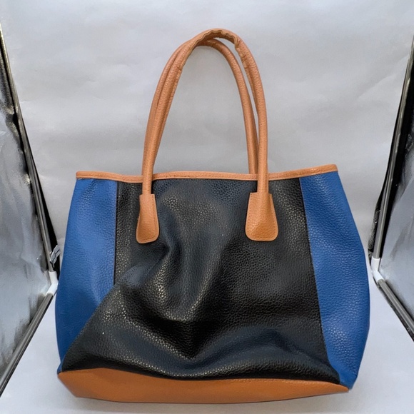 Gently Used Neiman Marcus Blue, Black, Brown Pebble Texture  Faux Leather Tote - Picture 2 of 9